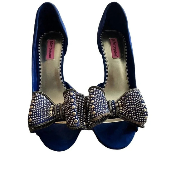 Betsey Johnson Glendah Women's Blue Peep Toe Gold Studded Wedding Heels Size 10M - Picture 1 of 9